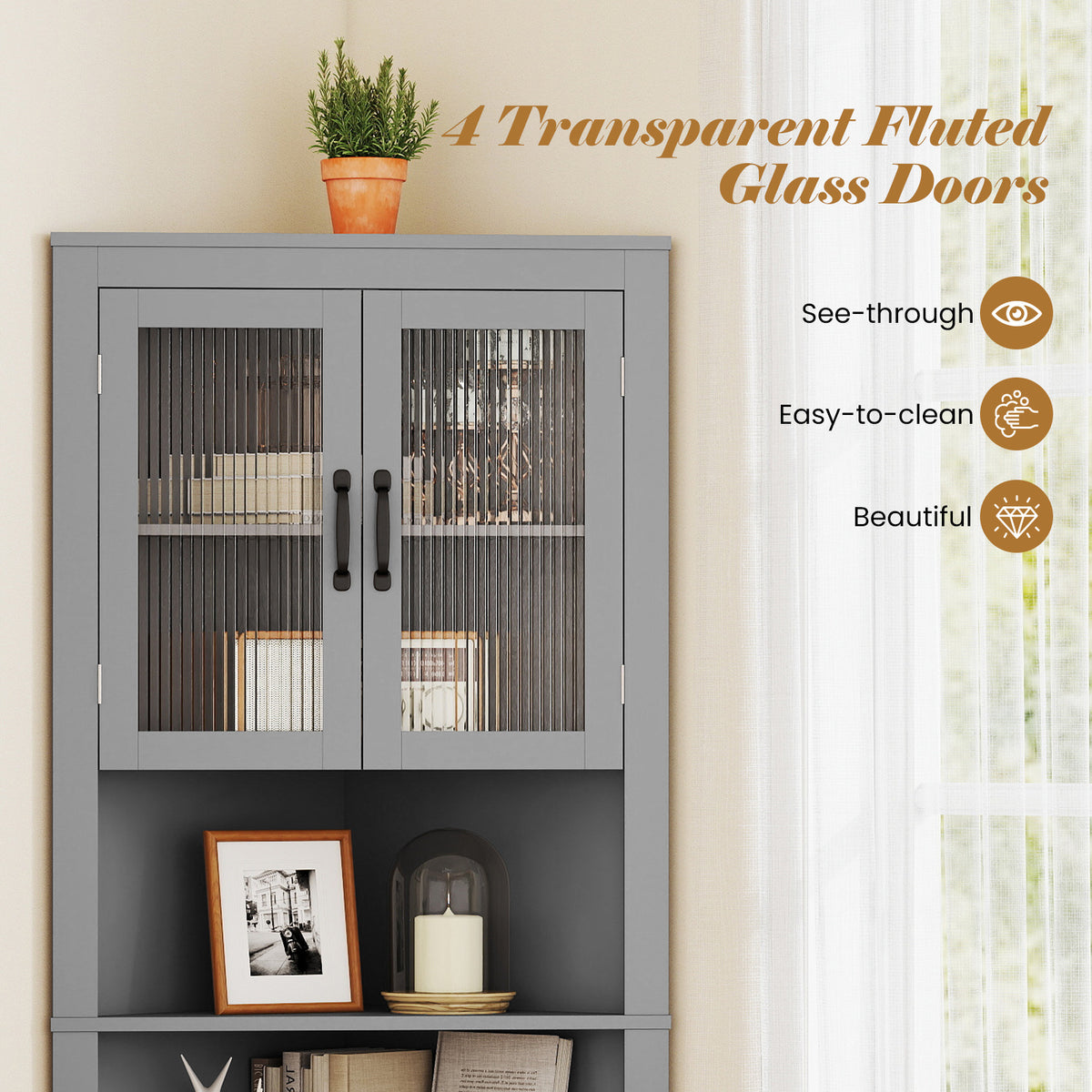 171cm Tall Space-saving Corner Cabinet with 4 Tempered Glass Doors and Adjustable Shelves-Grey