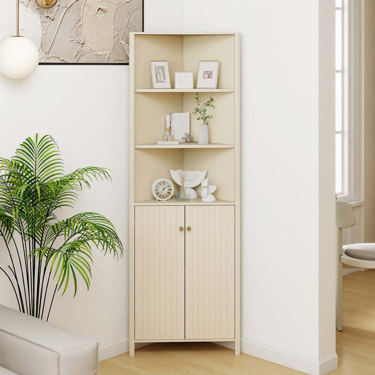 172 CM Tall Corner Cabinet with 5 Shelves and 2 Fluted Doors-Beige