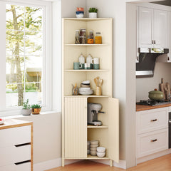172 CM Tall Corner Cabinet with 5 Shelves and 2 Fluted Doors-Beige