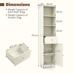 172cm Tall Bathroom Cabinet with Drawer and 3 Open Shelves-White
