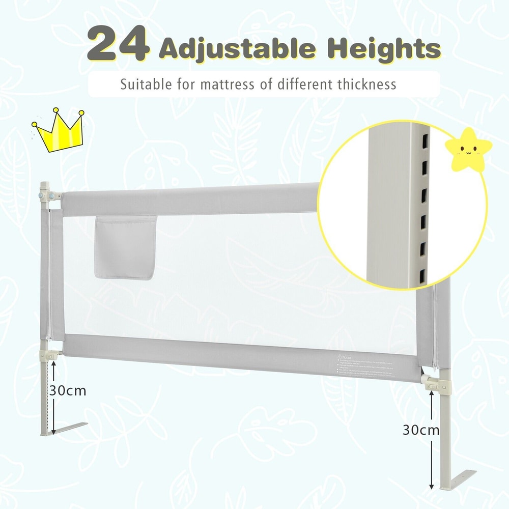 Close-up of the grey bed guardrail showing adjustable height feature