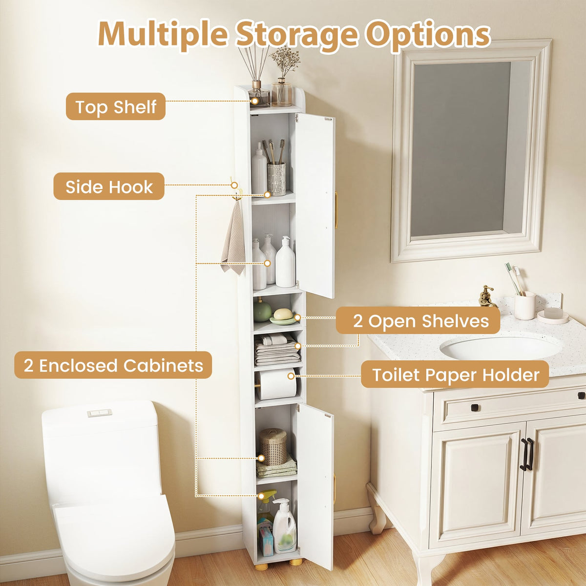 176.5cm Tall Storage Organizer with 2 Doors and Adjustable Shelves-White
