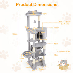 176 cm Multi-level Cat Tree with Hammock Jumping Platforms and Hanging Toys