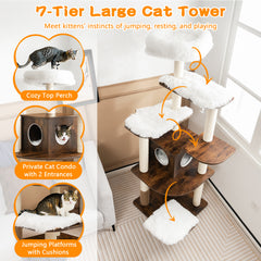 179 cm Tall Wooden Cat Tree with Sisal Scratching Posts-Brown