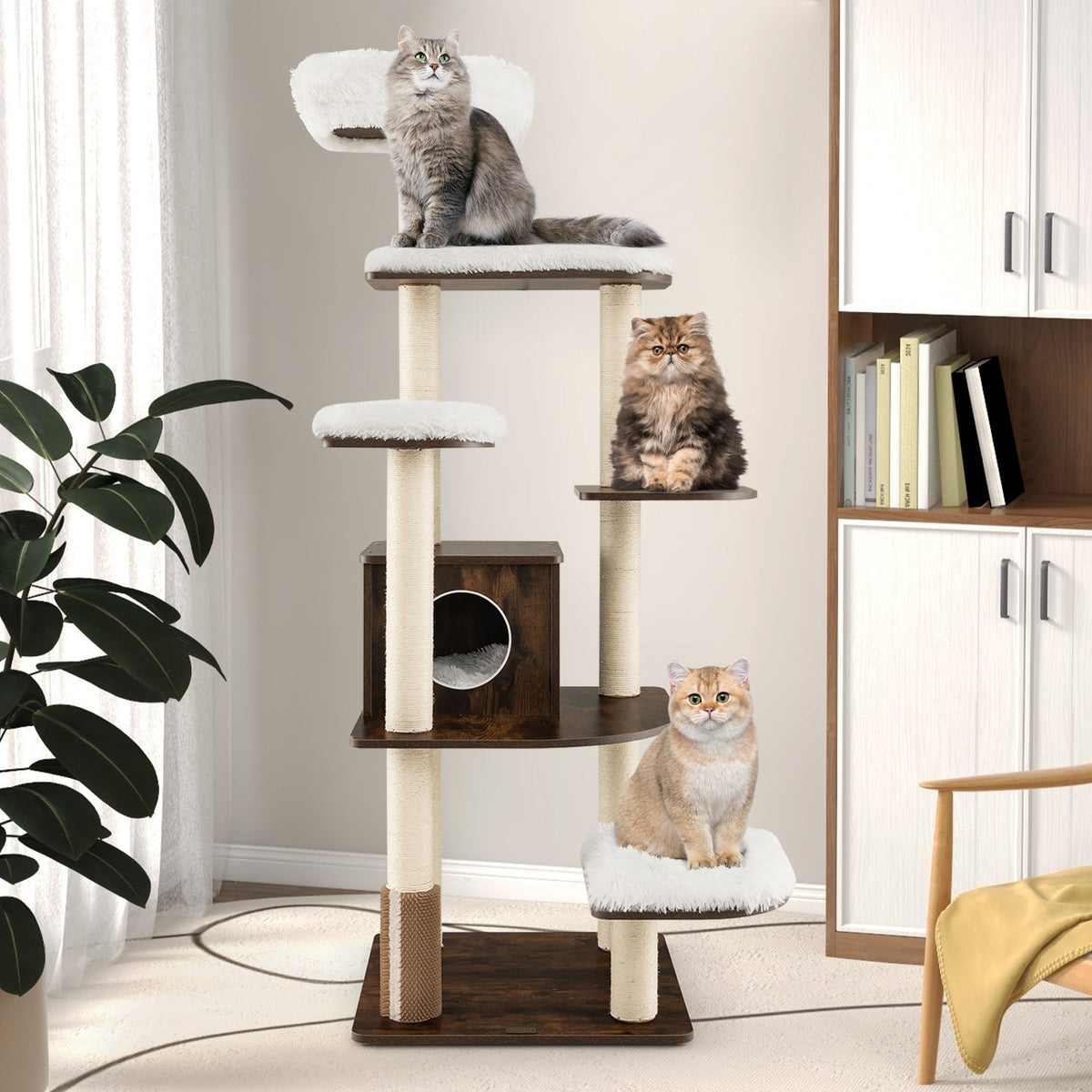 179 cm Tall Wooden Cat Tree with Sisal Scratching Posts-Brown
