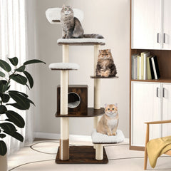 179 cm Tall Wooden Cat Tree with Sisal Scratching Posts-Brown