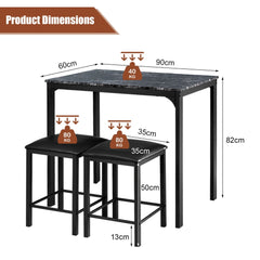 The dining room set with arrows and labels showing the height and width of the table and stools