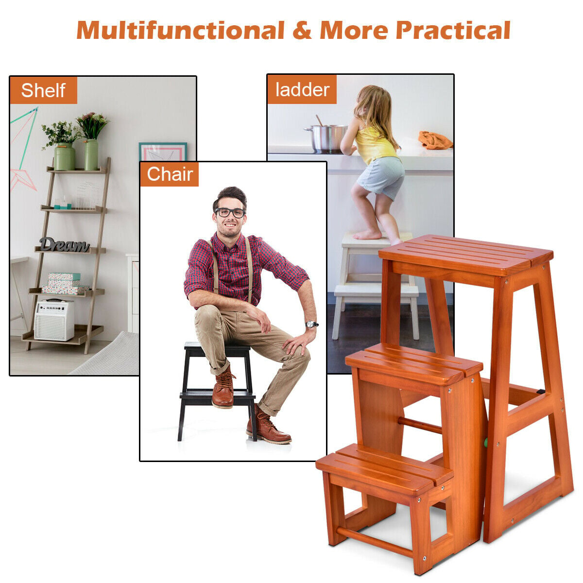 Folding 3 tier Step Stool Wooden Folding Stepladder Shelf-Natural