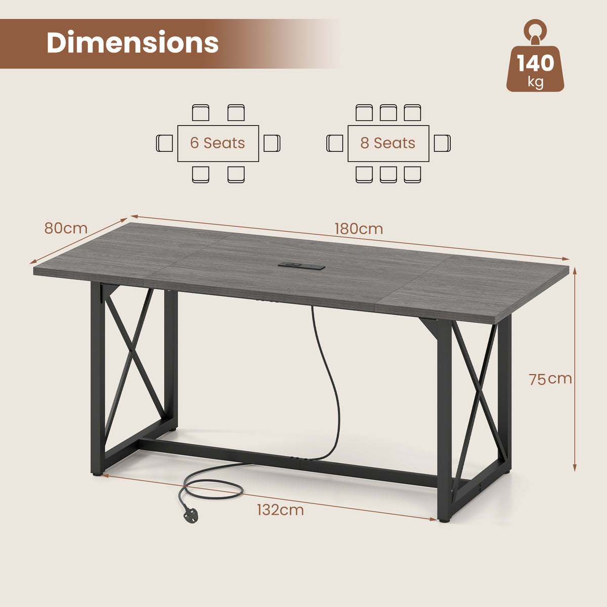 180 CM Conference Table for 6-8 People with Heavy-Duty Metal Frame-Grey