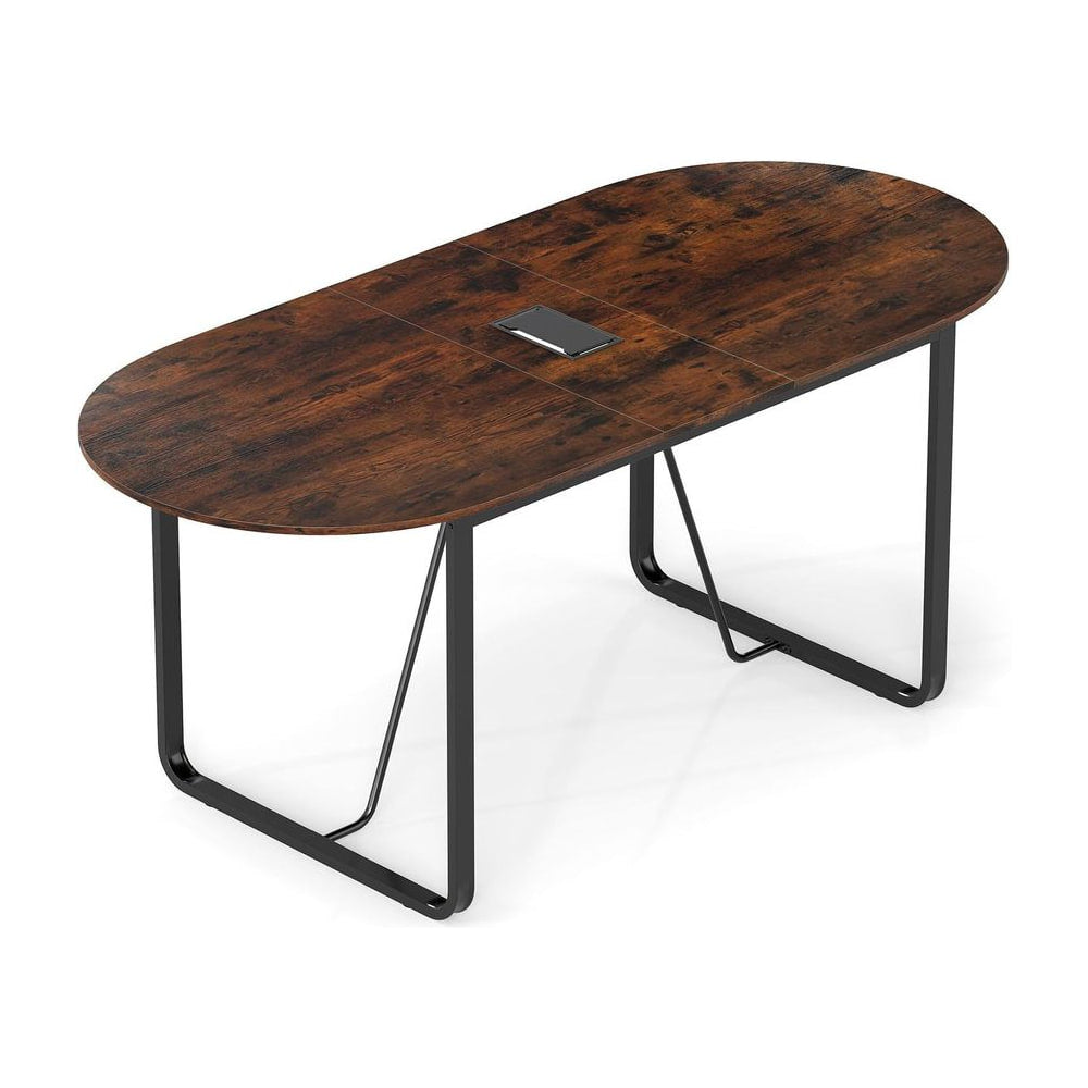 180 CM Executive Table with a rustic brown oval top and black metal frame on a white background