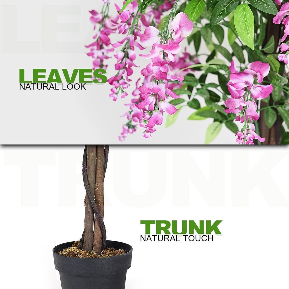180CM Ficus Artificial Tree, close-up of the faux plant's trunk and hanging pink flowers