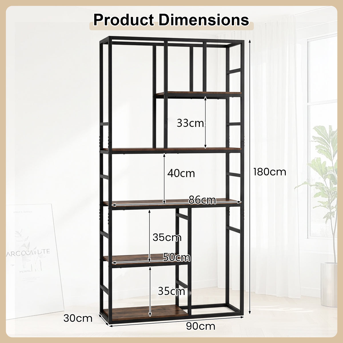 180CM Tall Bookshelf with Open Display Shelf and Metal Frame-Rustic Brown