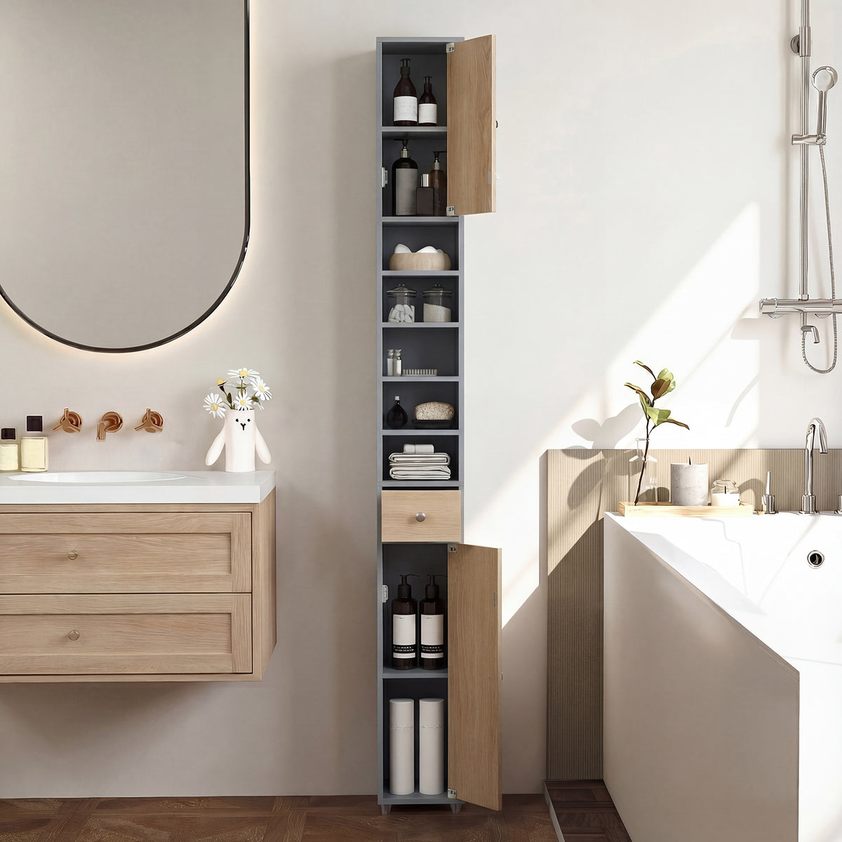 180CM Tall Freestanding Bathroom Cabinet with 2 Doors and 1 Drawer-Oak