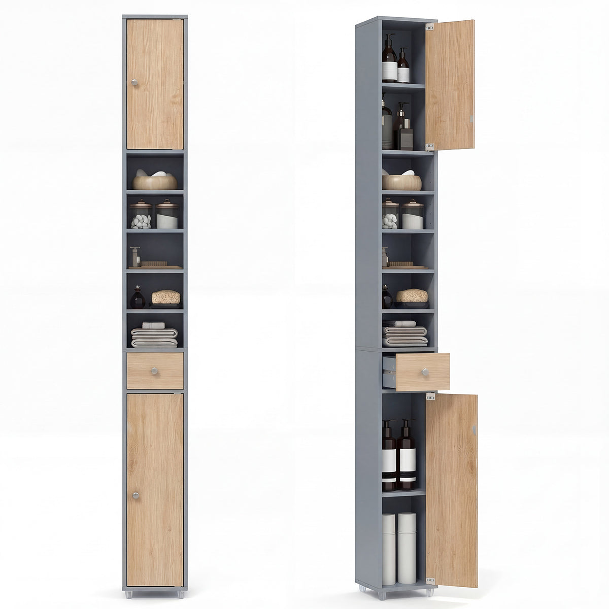 180CM Tall Freestanding Bathroom Cabinet with 2 Doors and 1 Drawer-Oak