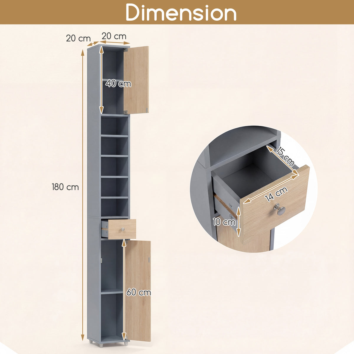 180CM Tall Freestanding Bathroom Cabinet with 2 Doors and 1 Drawer-Oak