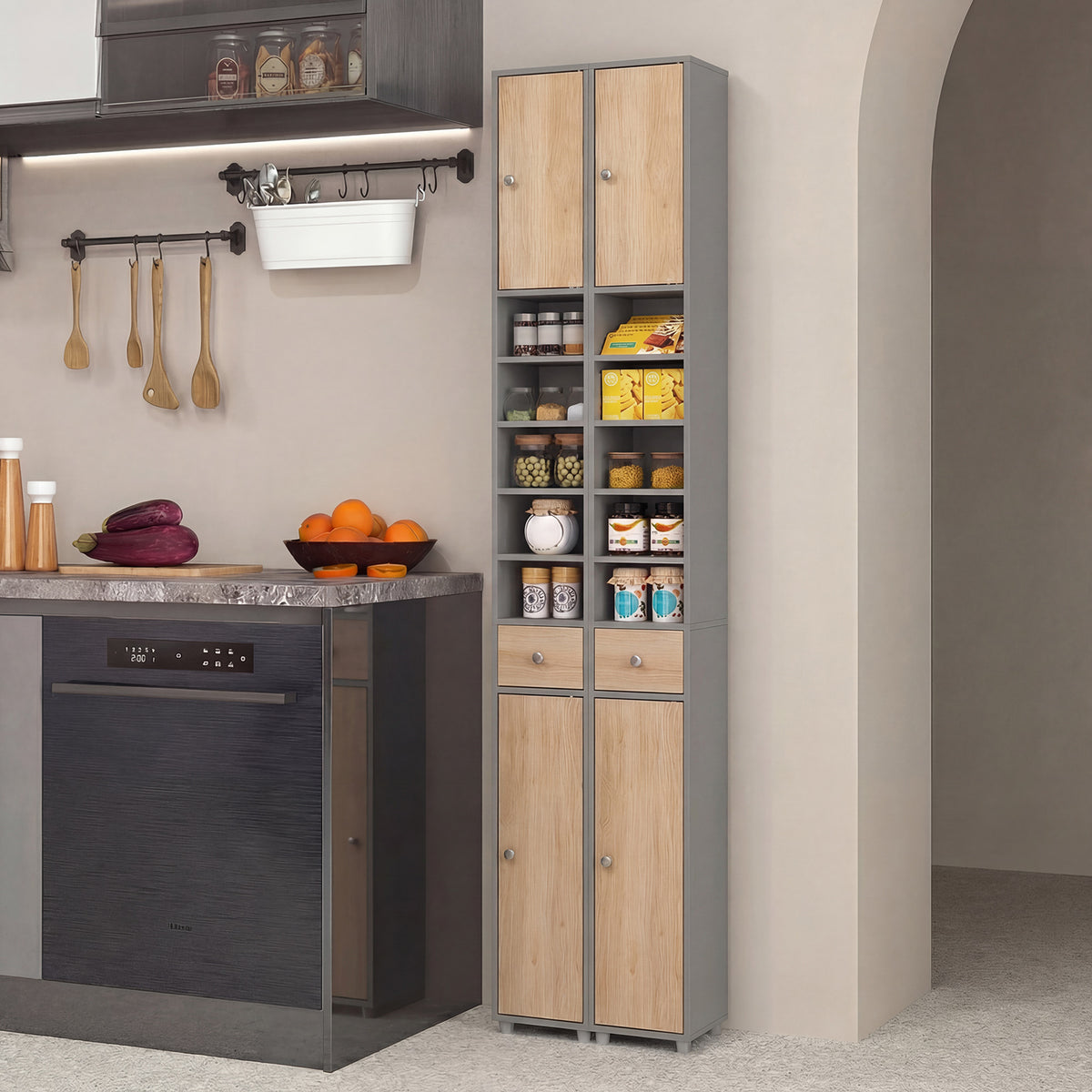 180CM Tall Freestanding Bathroom Cabinet with 2 Doors and 1 Drawer-Oak
