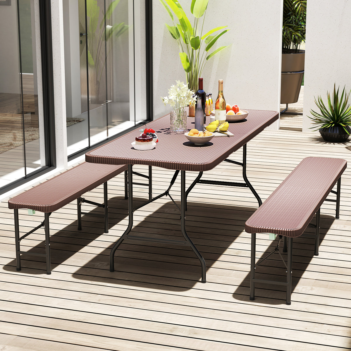 180cm Folding Table with Rattan-Like HDPE Tabletop and Safe Lock Mechanism-Coffee