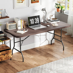 180cm Folding Table with Rattan-Like HDPE Tabletop and Safe Lock Mechanism-Coffee