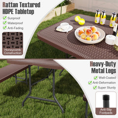 180cm Folding Table with Rattan-Like HDPE Tabletop and Safe Lock Mechanism-Coffee