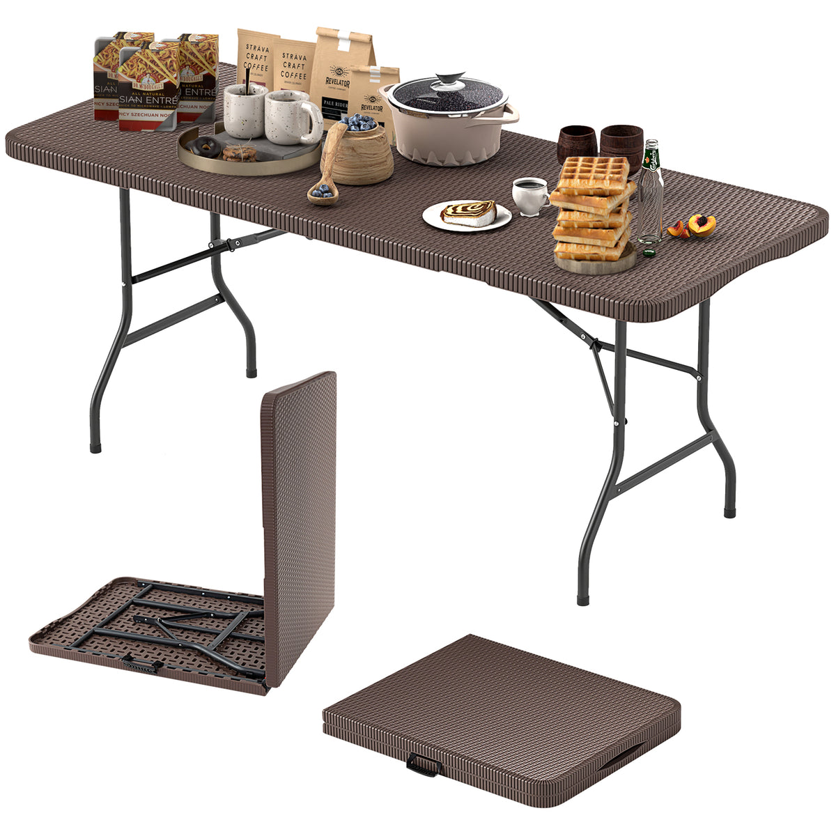 180cm Folding Table with Rattan-Like HDPE Tabletop and Safe Lock Mechanism-Coffee