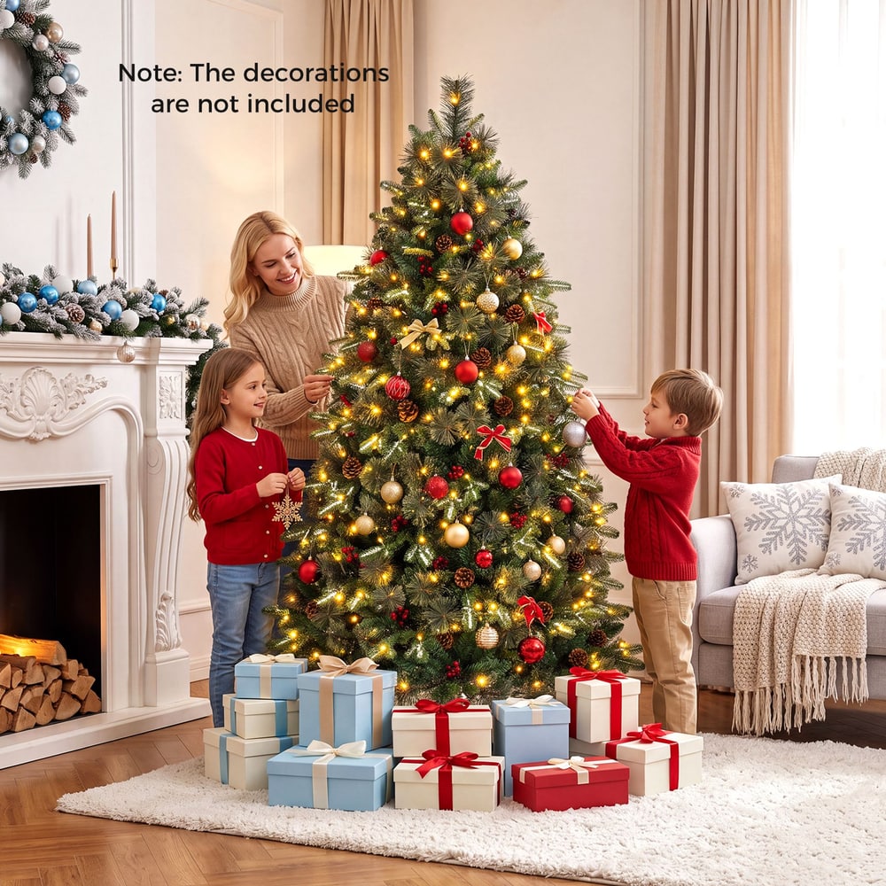 180cm Artificial Xmas Tree with Full Branch Tips Pine Needles Pine Cones Red Berries Lights