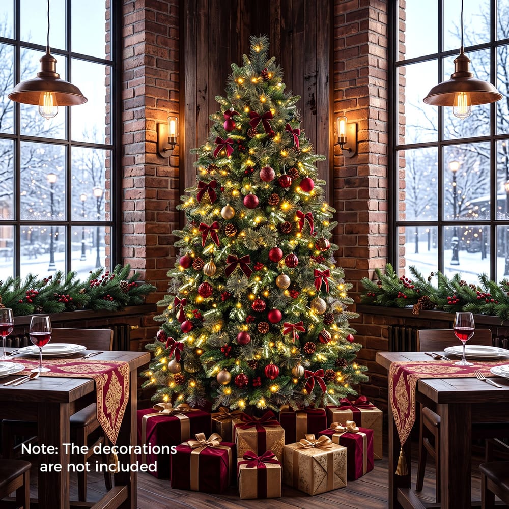 180cm Artificial Xmas Tree with Full Branch Tips Pine Needles Pine Cones Red Berries Lights