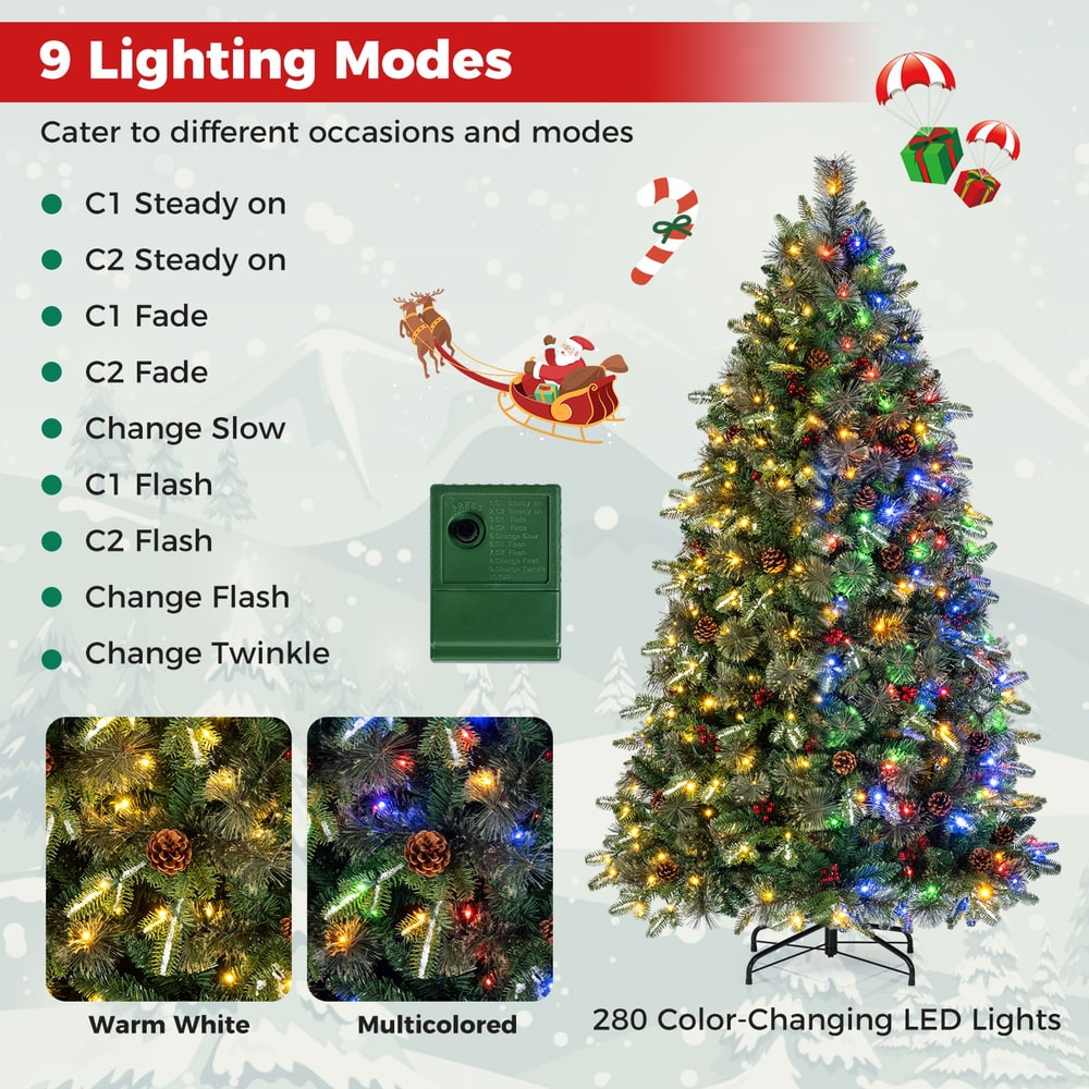 180cm Artificial Xmas Tree with Full Branch Tips Pine Needles Pine Cones Red Berries Lights