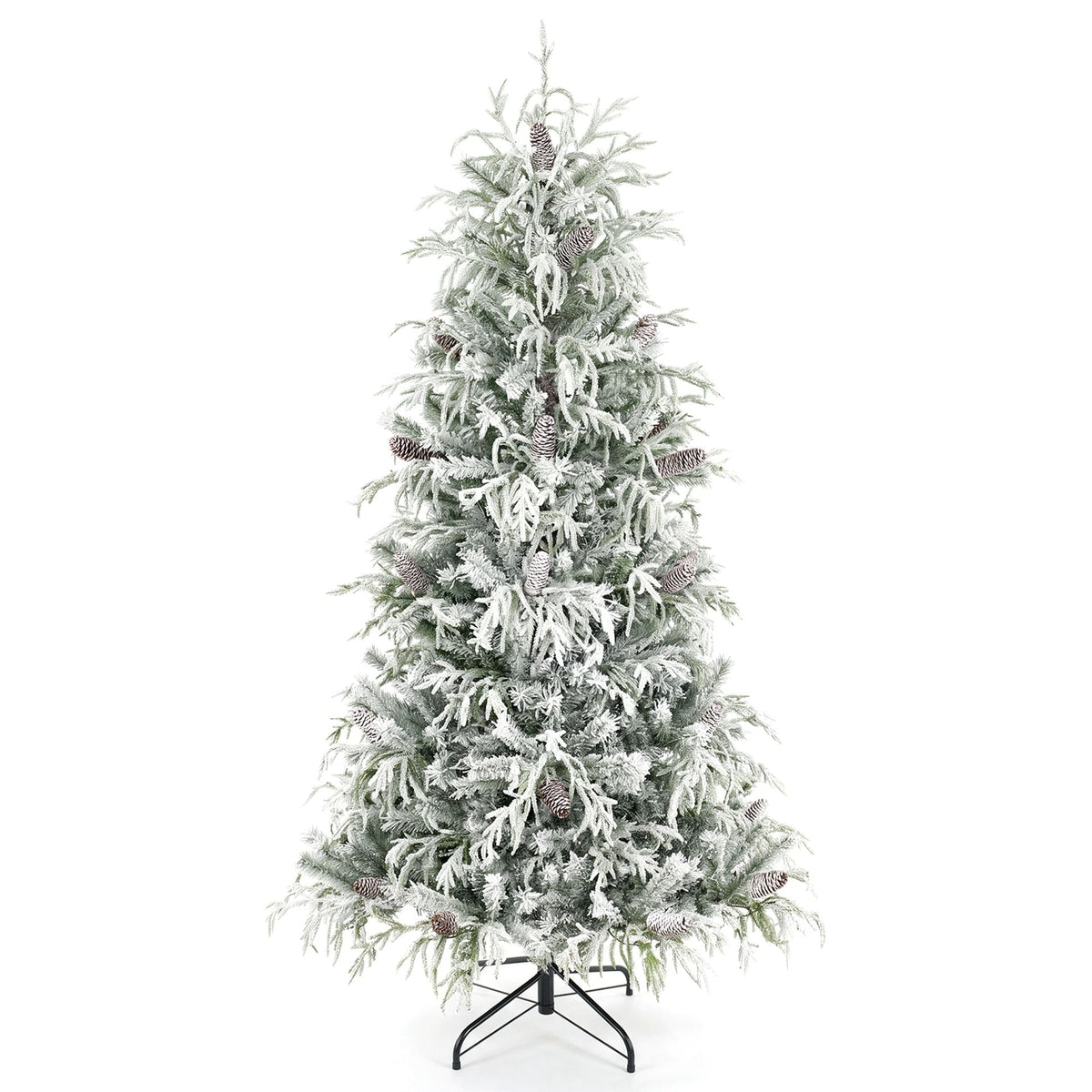 180cm Snow-Flocked Christmas Tree with Full Branch Tips and Natural Pine Cones Warm White LED Lights