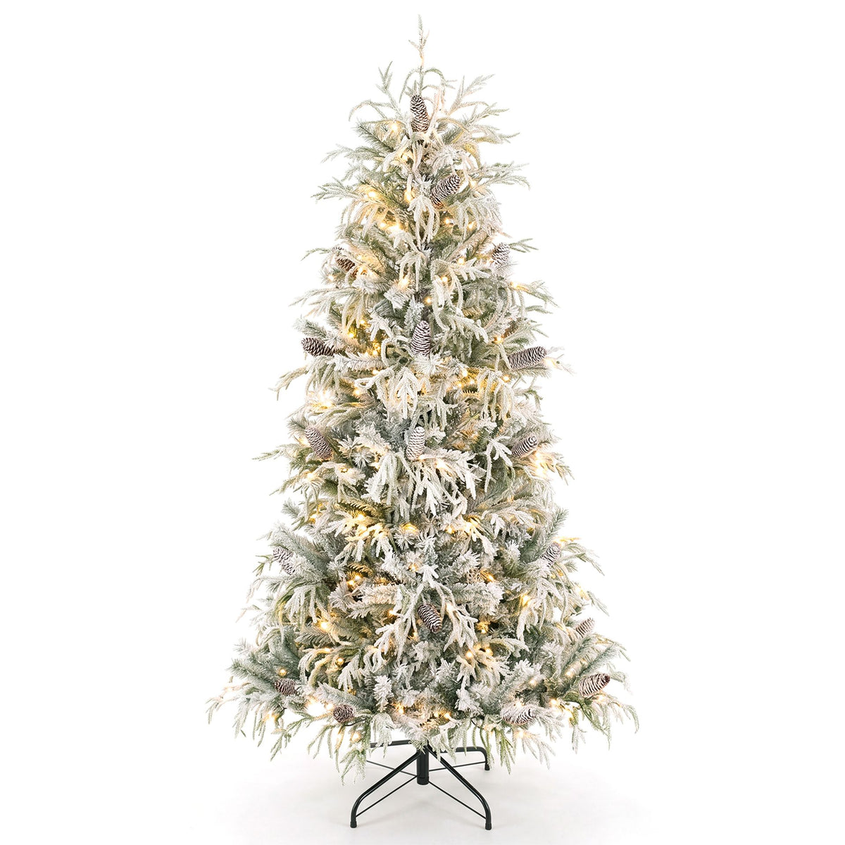 180cm Snow-Flocked Christmas Tree with Full Branch Tips and Natural Pine Cones Warm White LED Lights