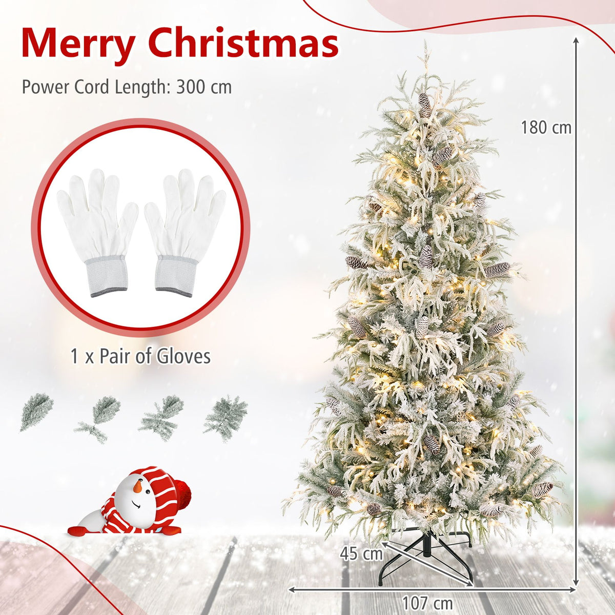 180cm Snow-Flocked Christmas Tree with Full Branch Tips and Natural Pine Cones Warm White LED Lights
