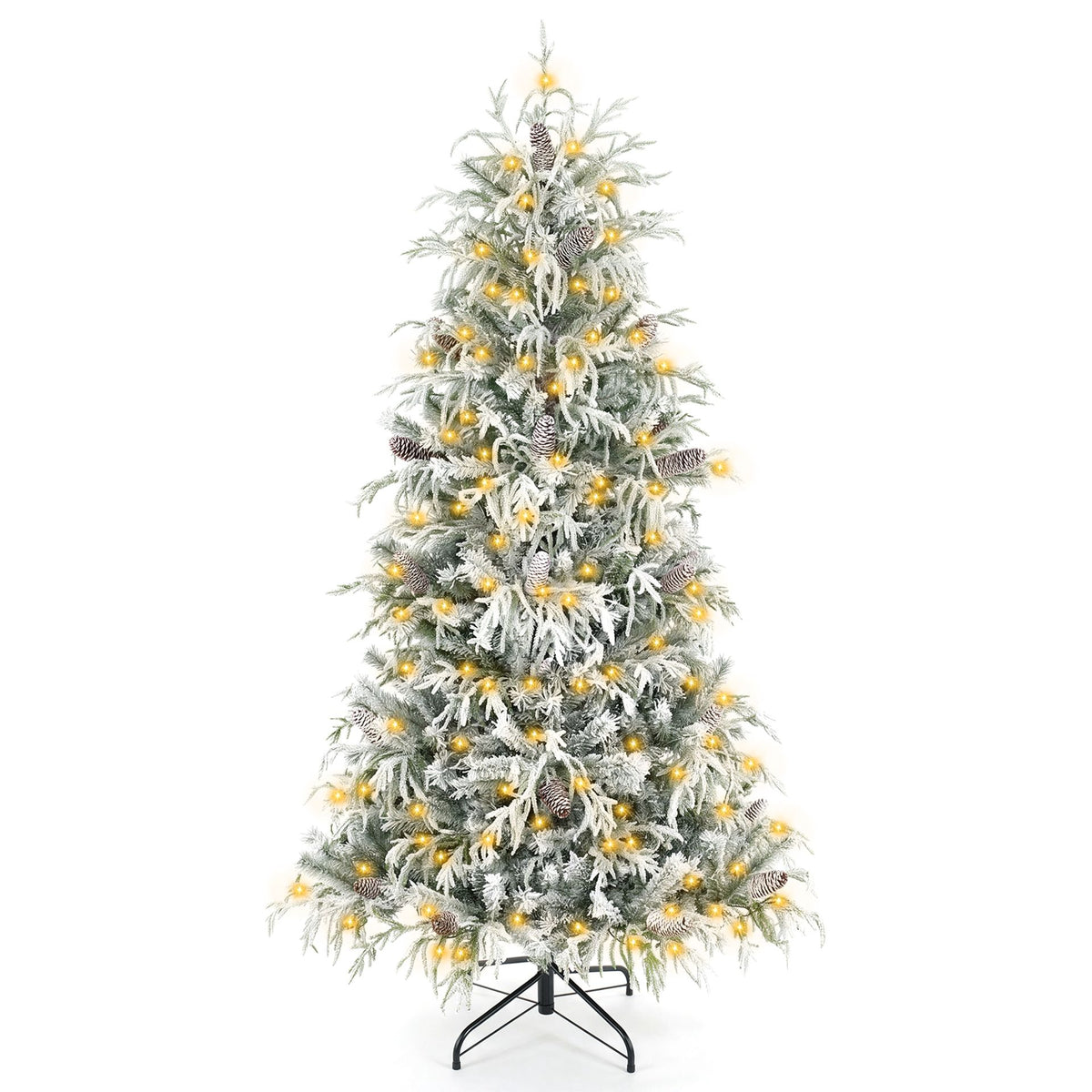 180cm Snow-Flocked Christmas Tree with Full Branch Tips and Natural Pine Cones Warm White LED Lights
