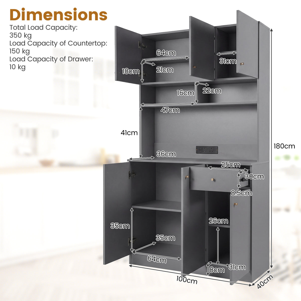 180cm Tall Pantry Cabinet with Outlets and Anti-Tipping Kits-Grey