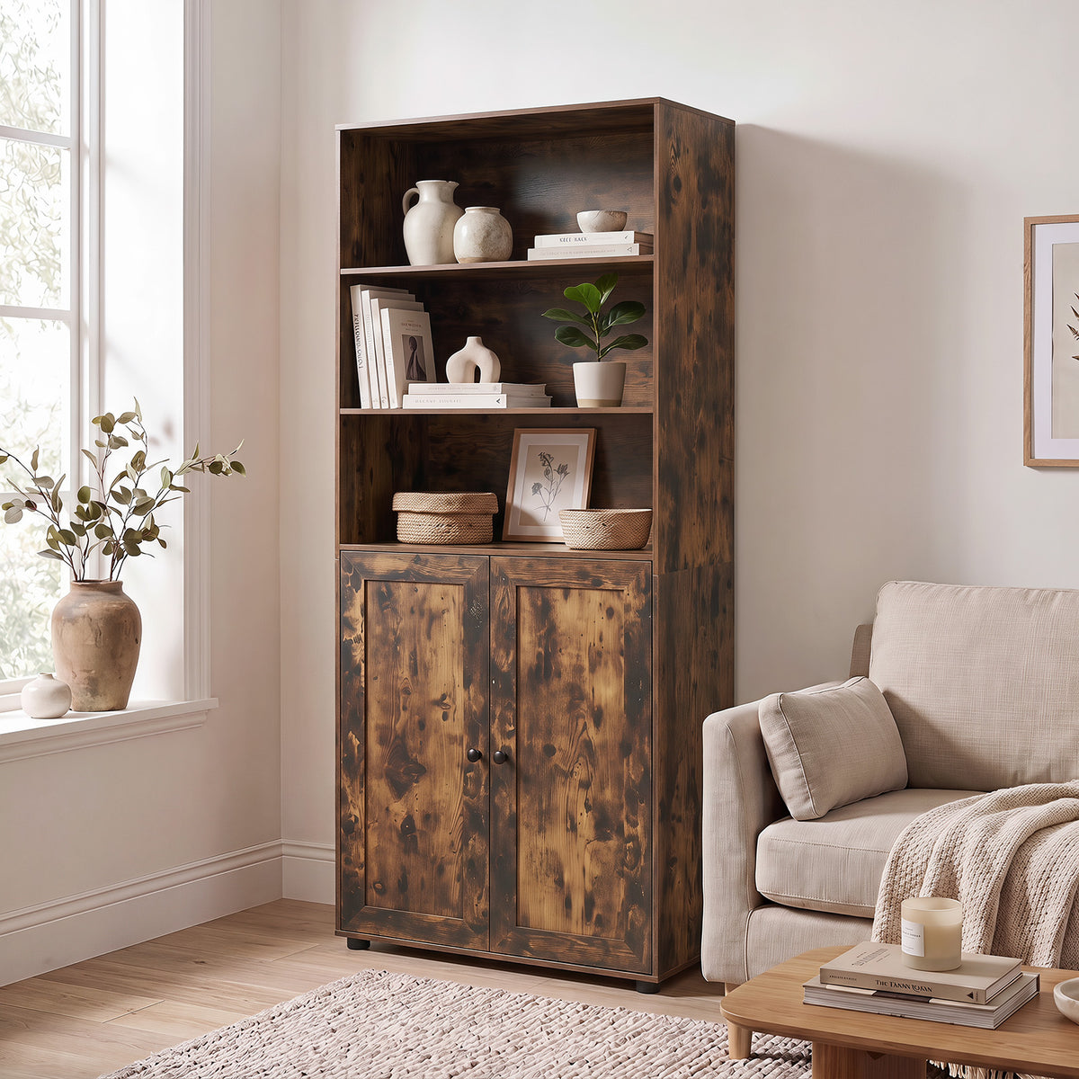181 CM Tall Bookcase with 3 Shelves and Adjustable Shelf for Home Office-Coffee