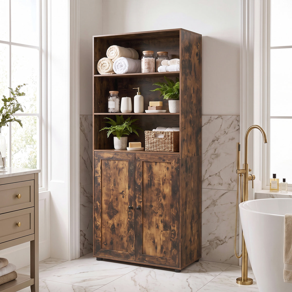 181 CM Tall Bookcase with 3 Shelves and Adjustable Shelf for Home Office-Coffee