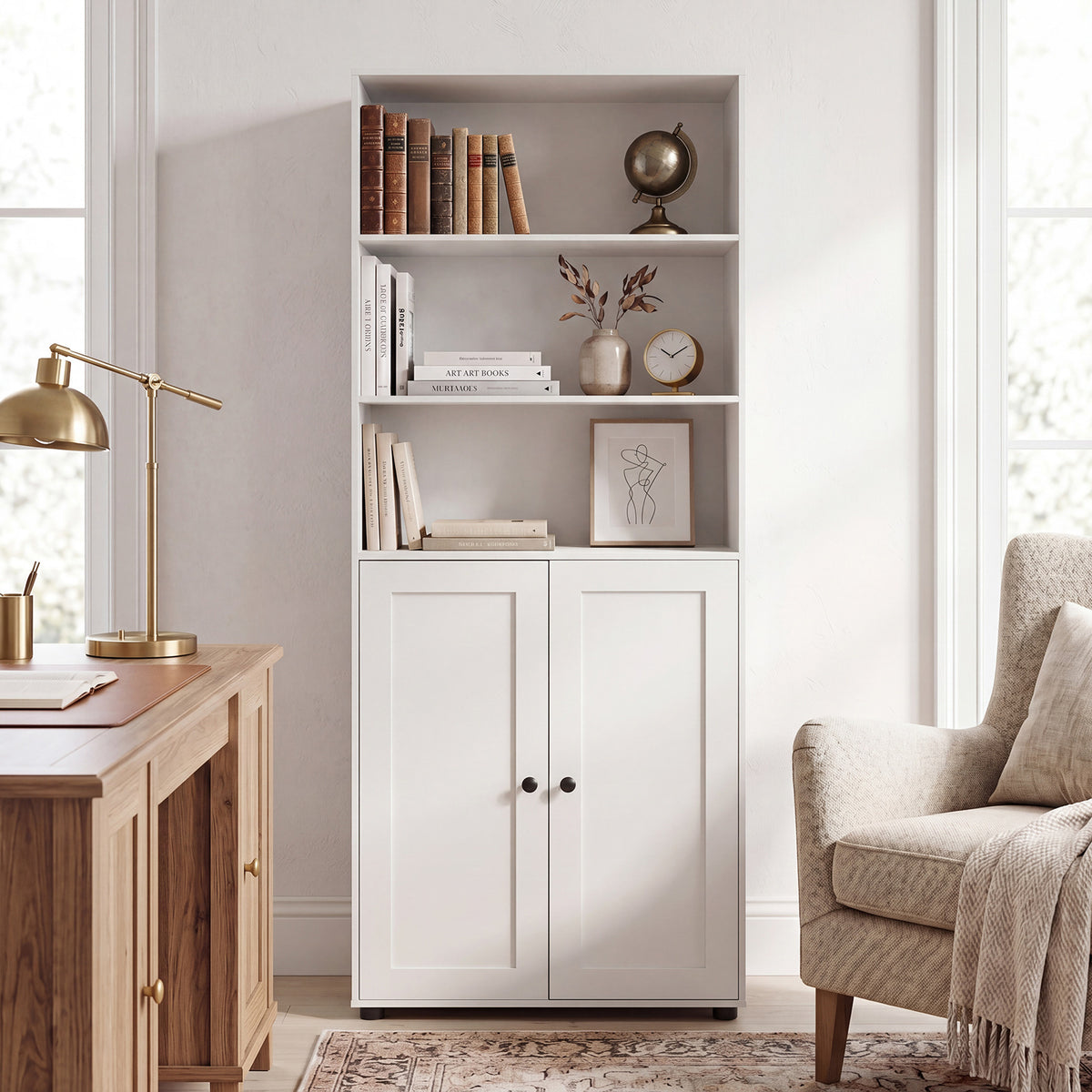 181 CM Tall Bookcase with 3 Shelves and Adjustable Shelf for Home Office-White