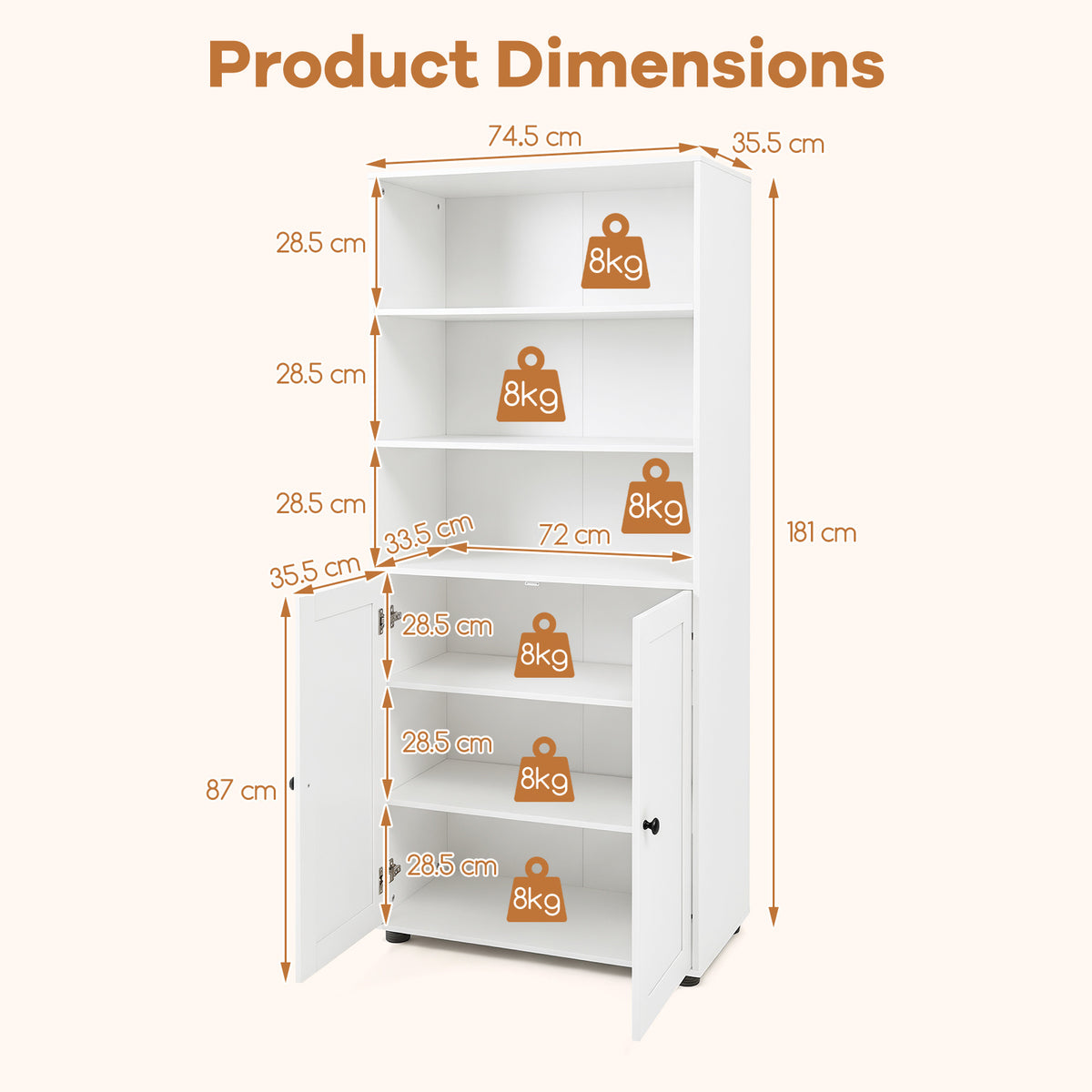 181 CM Tall Bookcase with 3 Shelves and Adjustable Shelf for Home Office-White
