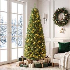 The Christmas tree decorated with warm white lights in a living room with wrapped gifts