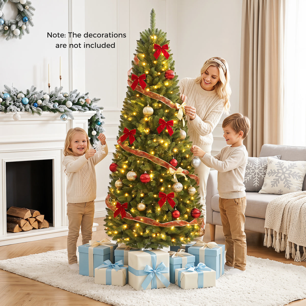 A family decorating the Christmas tree with baubles and ribbons in a festive home setting