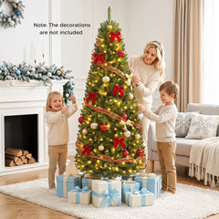 A family decorating the Christmas tree with baubles and ribbons in a festive home setting