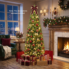 The Christmas tree adorned with red and gold baubles near a fireplace in a cosy room