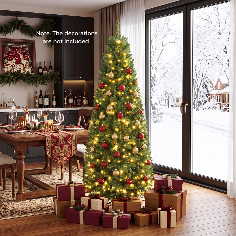 The Christmas tree standing in a dining room next to a table with wrapped gift boxes