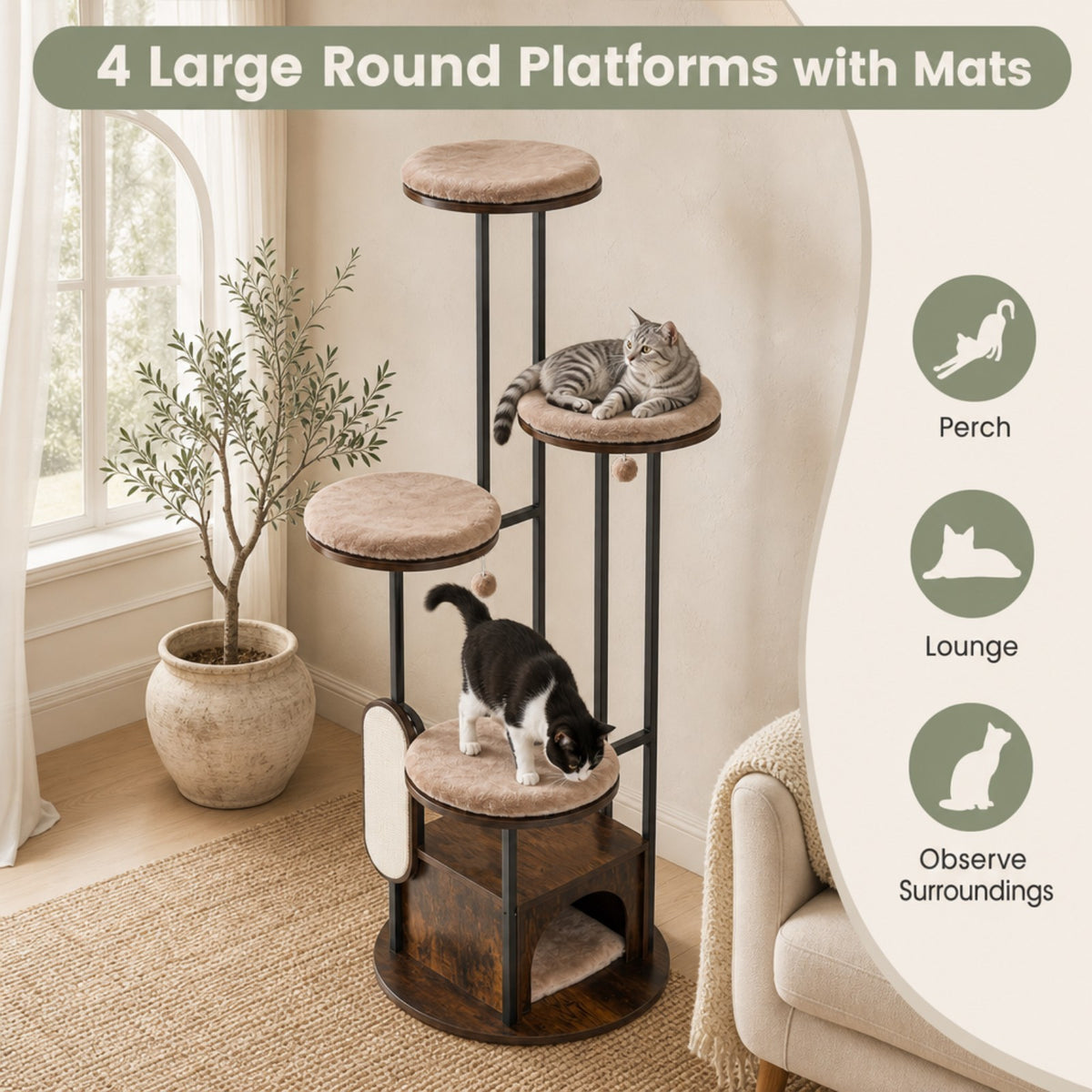 183 CM Tall Modern Cat Tree Tower with Top Perch Platforms and Removable Washable Mats-Brown