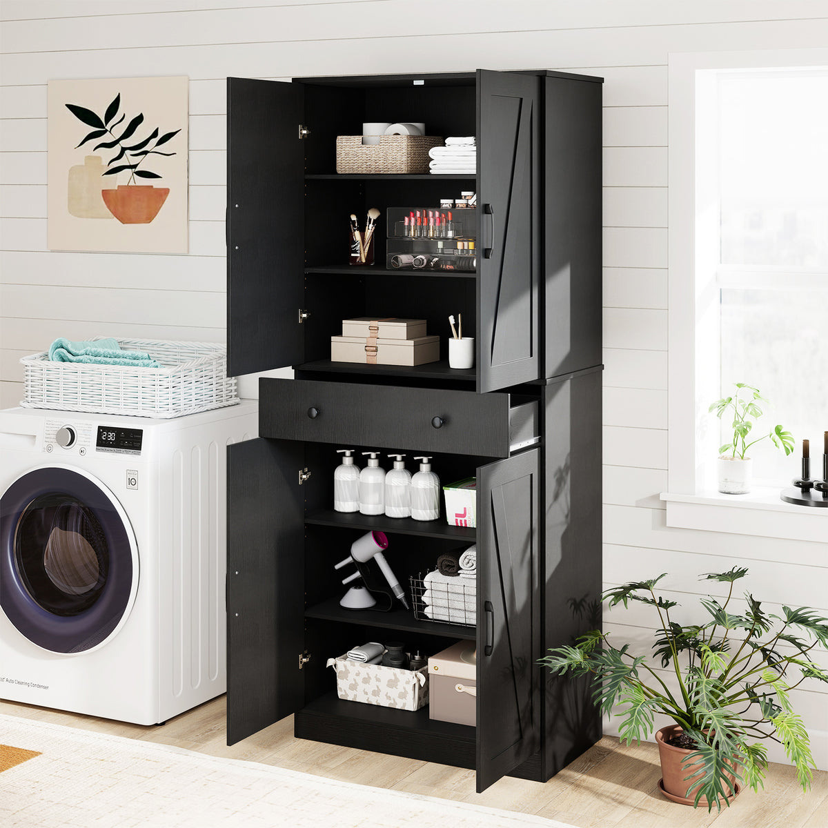 183cm Tall Kitchen Pantry with 4 Barn Doors and 3 Adjustable Shelves-Black
