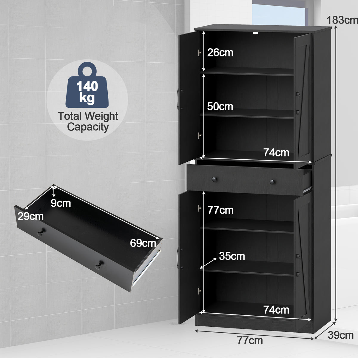 183cm Tall Kitchen Pantry with 4 Barn Doors and 3 Adjustable Shelves-Black