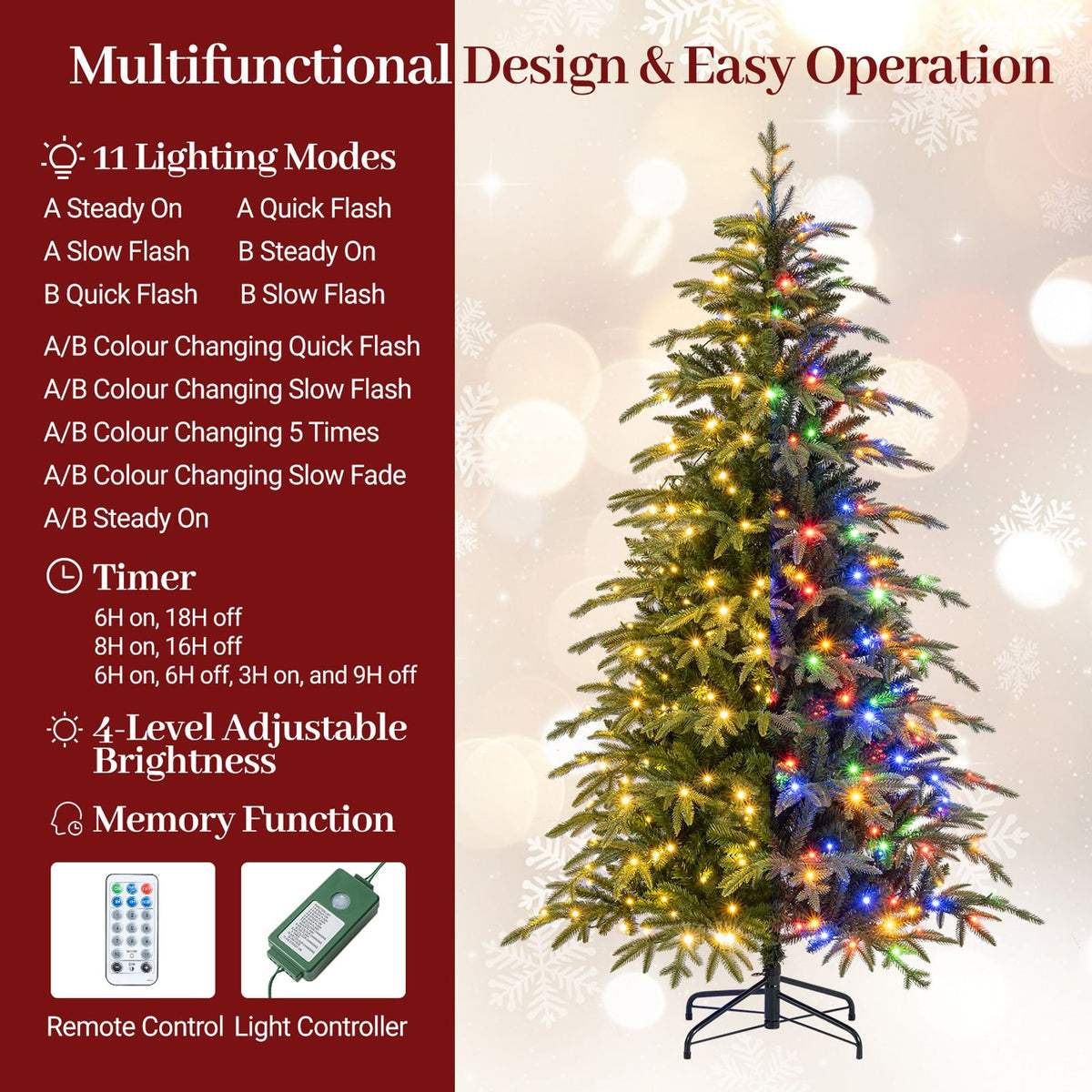 185 CM Artificial Christmas Tree Pre-lit Xmas Tree with 1628 Branch Tips-S