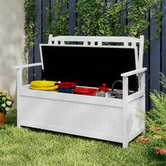 185L Patio Storage Bench Solid Wood Storage Loveseat with Backrest and Armrests-White