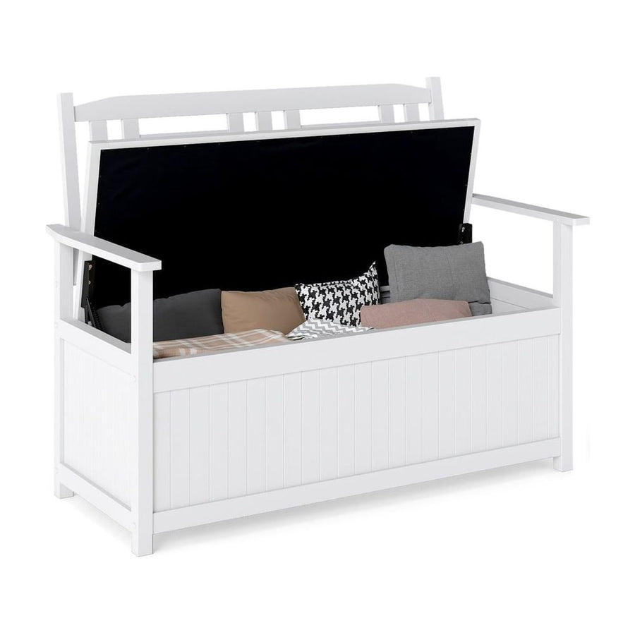 185L Patio Storage Bench Solid Wood Storage Loveseat with Backrest and Armrests-White