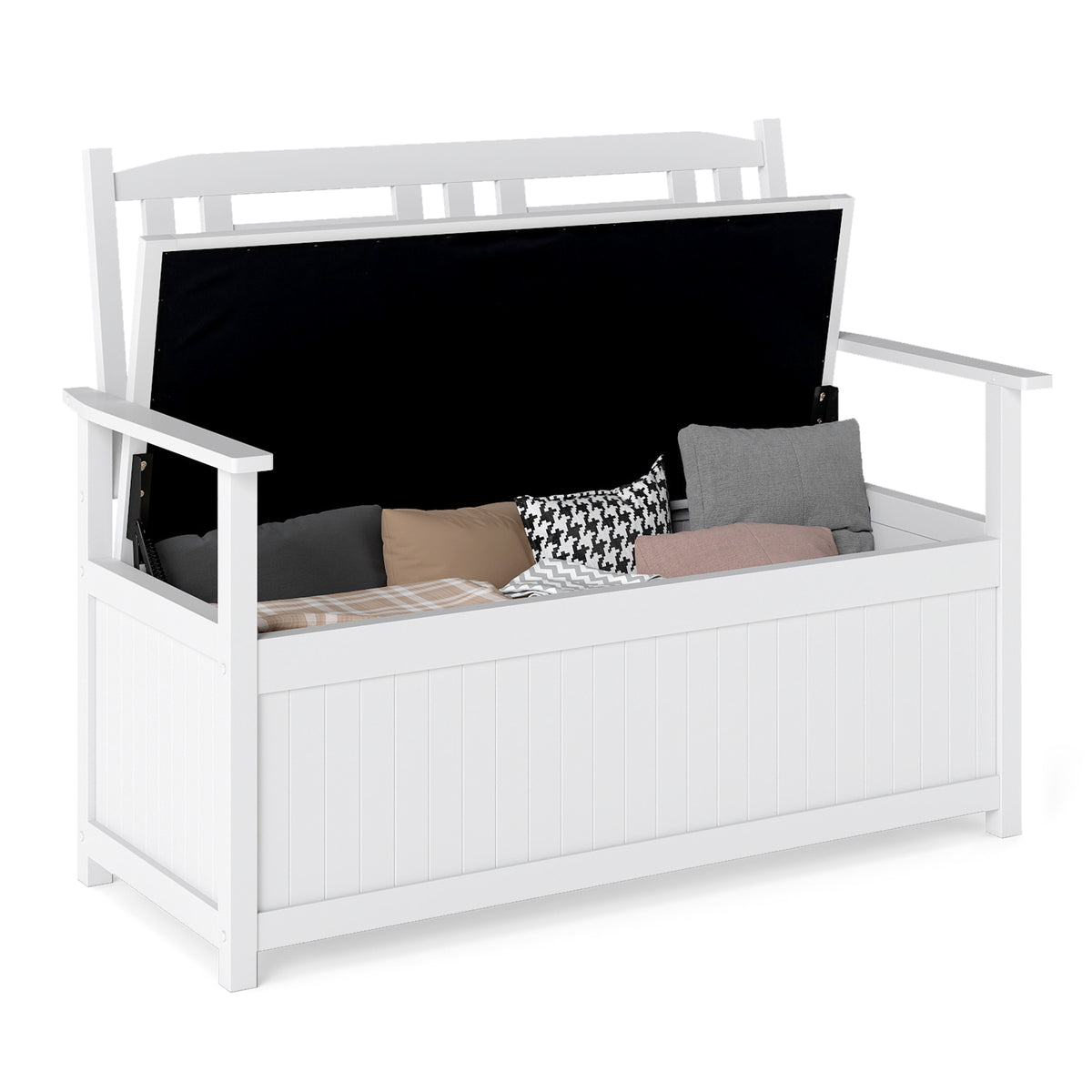 185L Patio Storage Bench Solid Wood Storage Loveseat with Backrest and Armrests-White