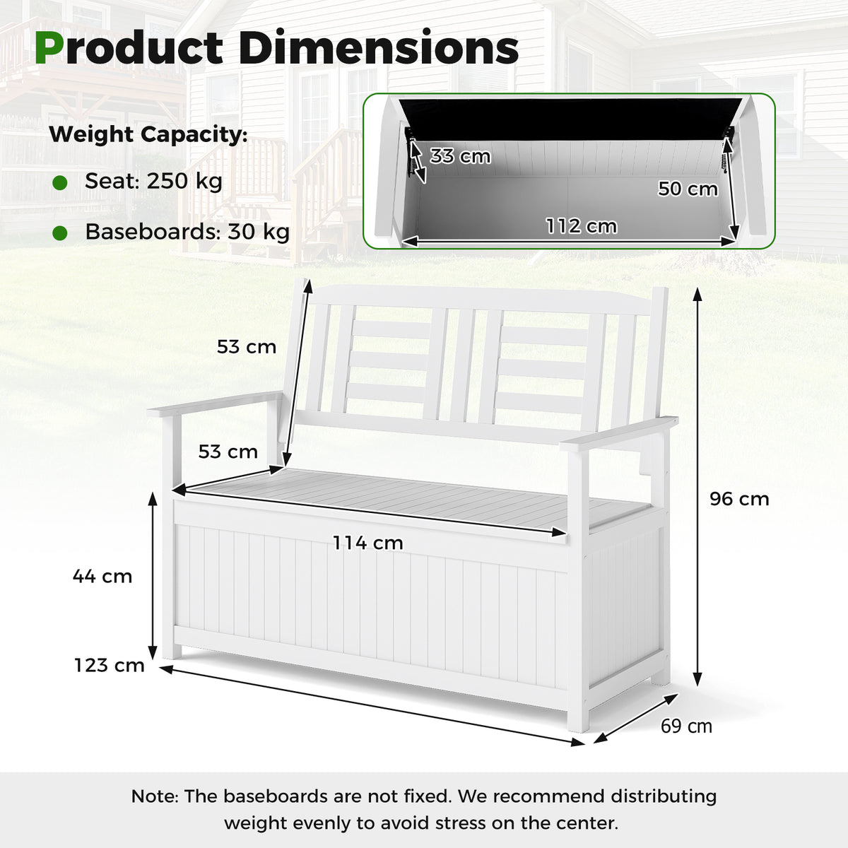 185L Patio Storage Bench Solid Wood Storage Loveseat with Backrest and Armrests-White