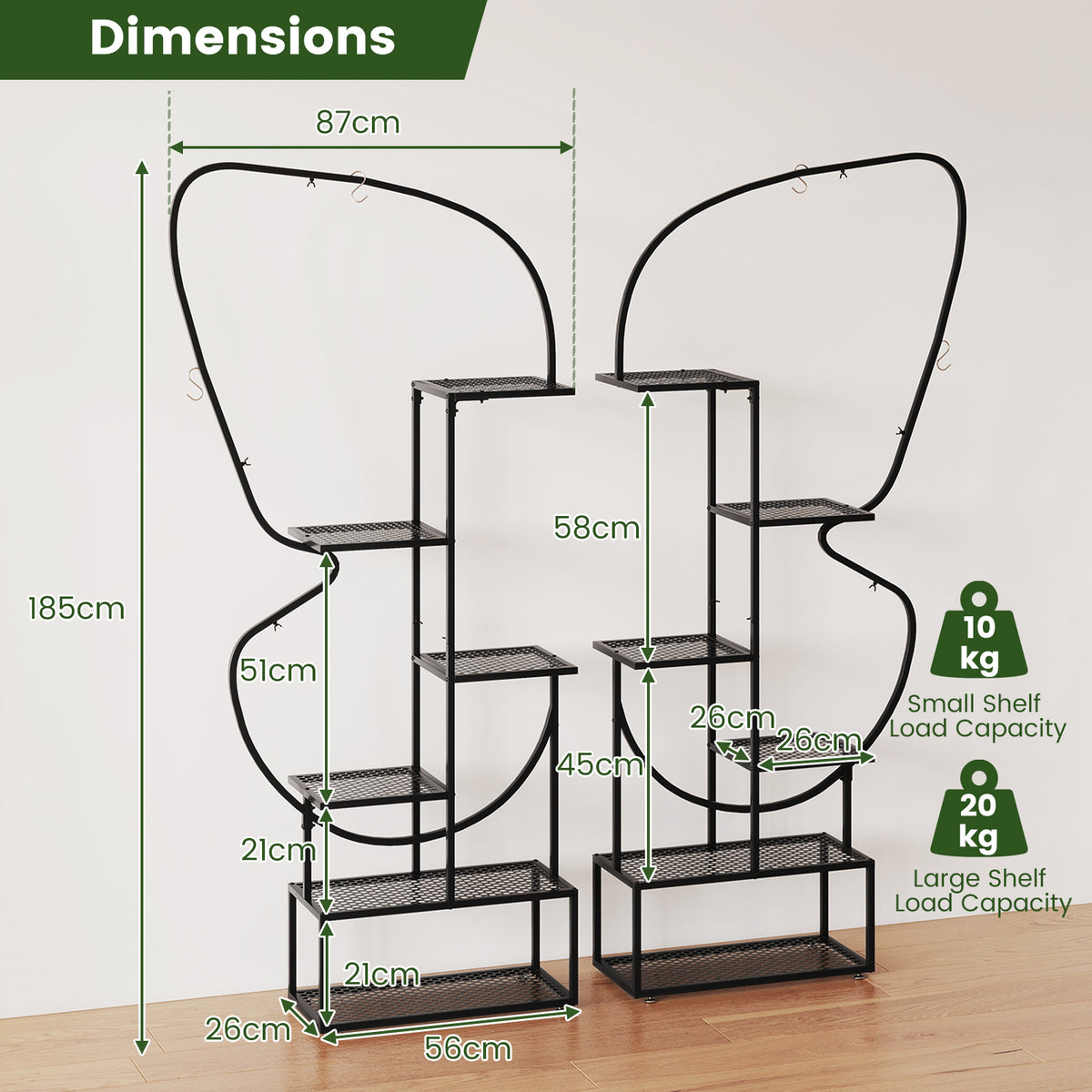 185 cm Tall Butterfly-Shaped 6-Tier Flowerpot Shelf-Black